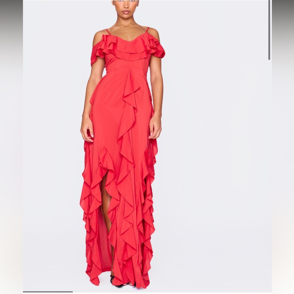 Pretty Little Thing red cold shoulder dress